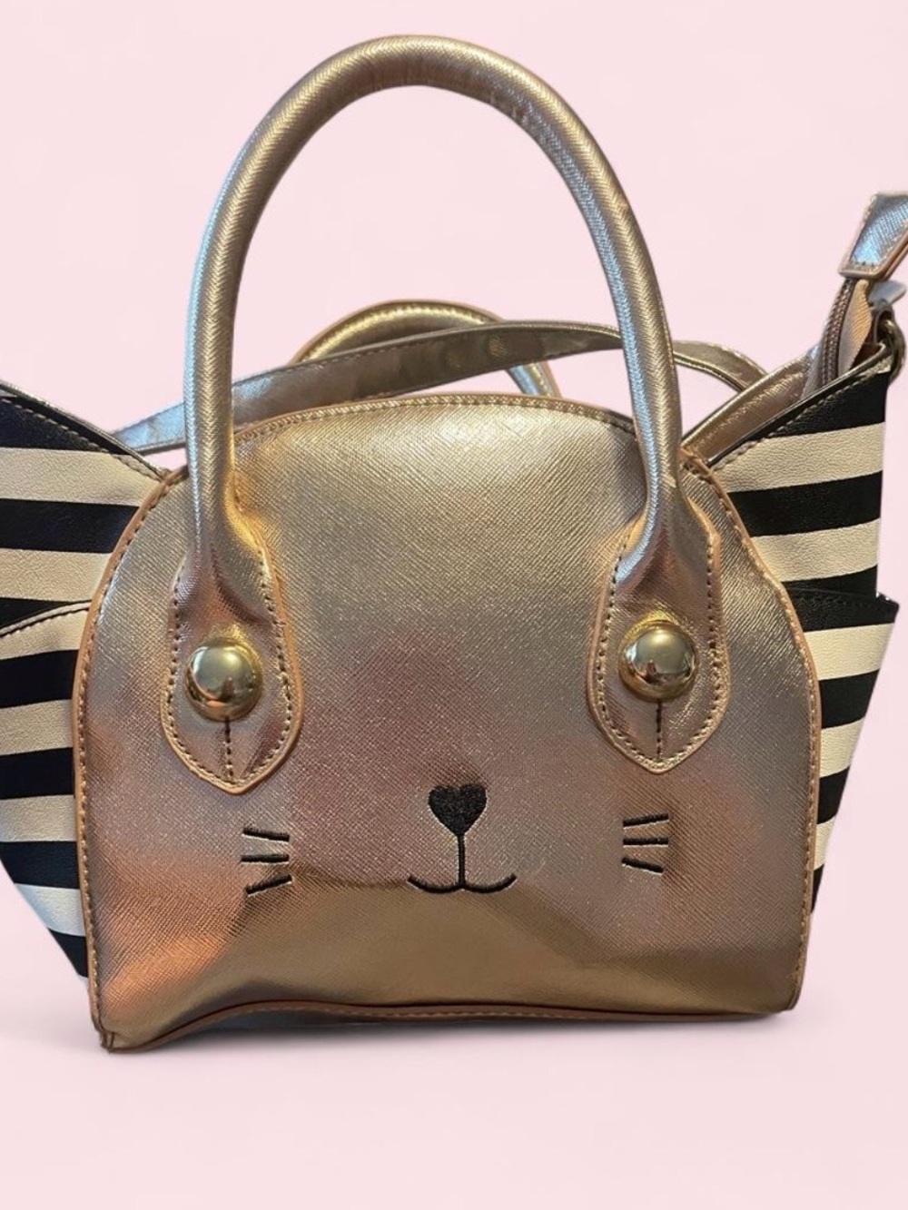 Betsey Johnson Metallic Gold Cat Face with Black & White Stripes